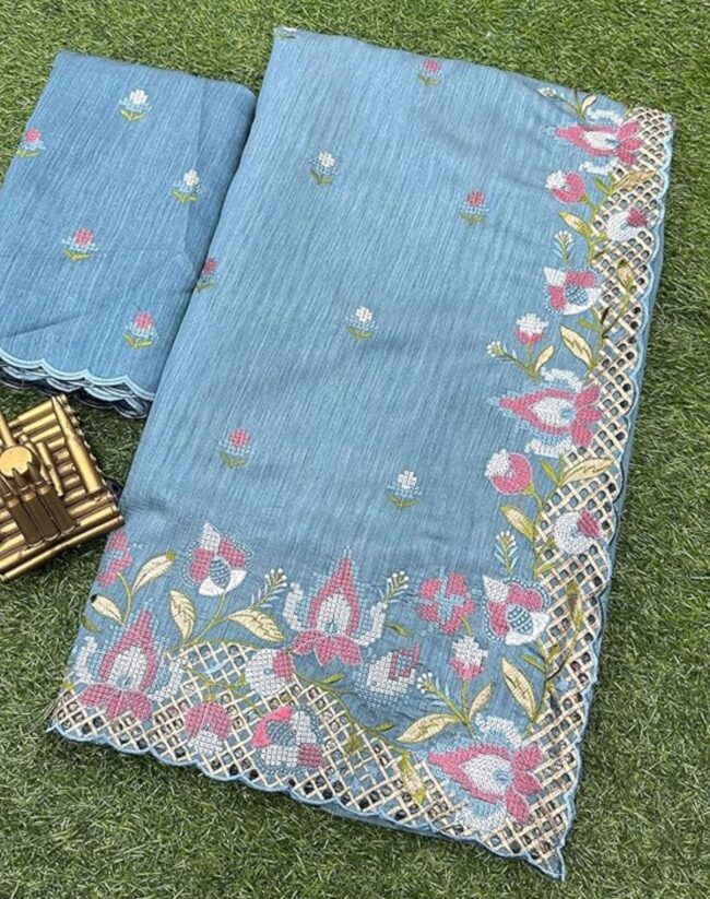 Women's Embroidered Cut Work Silk Saree
