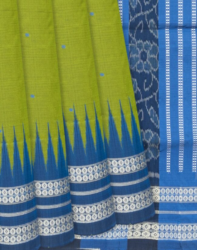 Ikat Silk Saree With Blue Border-Leaf Green