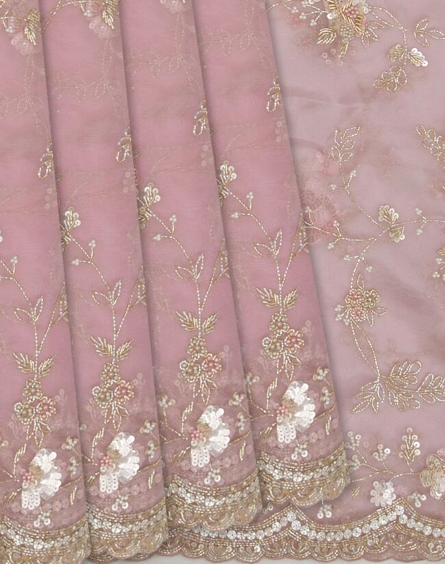 Saree With Net Embroidered Floral Motifs