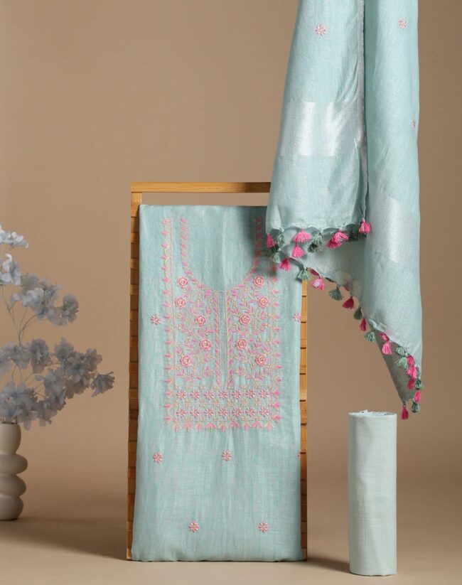 Pure Linen Embroidered Suit Piece Pastel Green Color