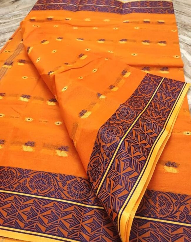 Orange Taant Handloom Cotton Saree with Contrasting Border