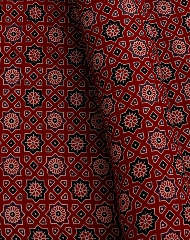Red Floral Tile Ajrak Print Fabric