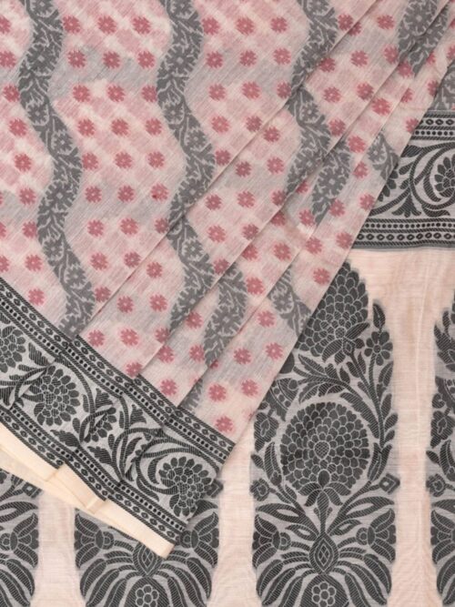 Off-White & Black Dhakai Jamdani Saree with Pink Motifs