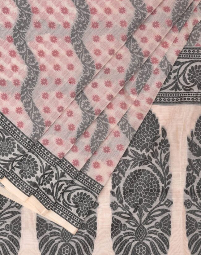 Off-White & Black Dhakai Jamdani Saree with Pink Motifs