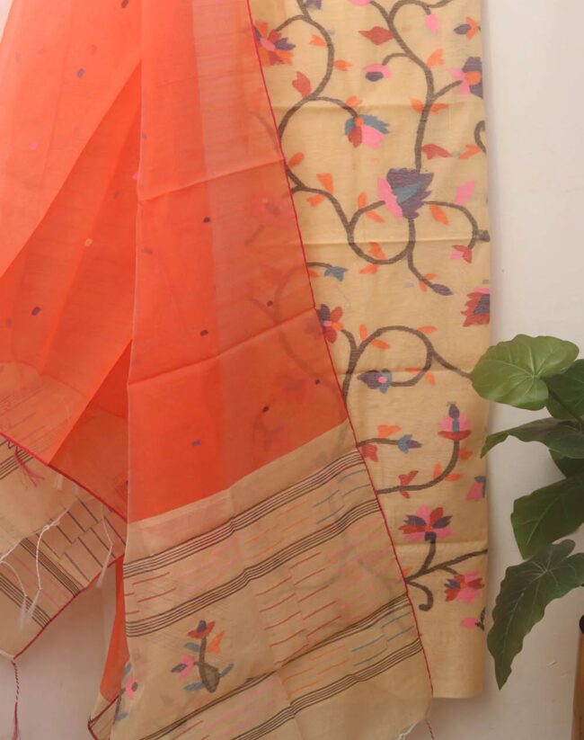 Cream Handloom Jamdani Chanderi Silk Two Piece Unstitched Suit Set