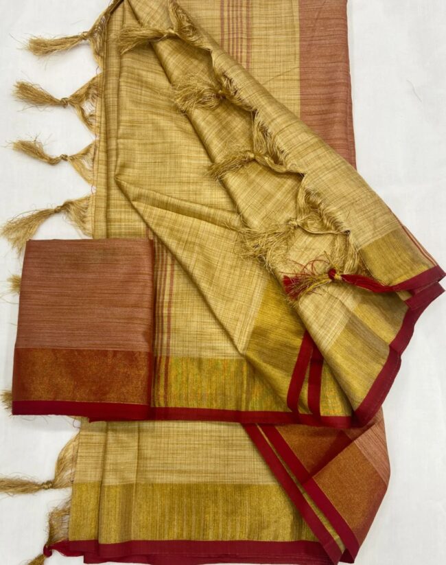 Golden Beige Linen Saree with Rust and Maroon Border
